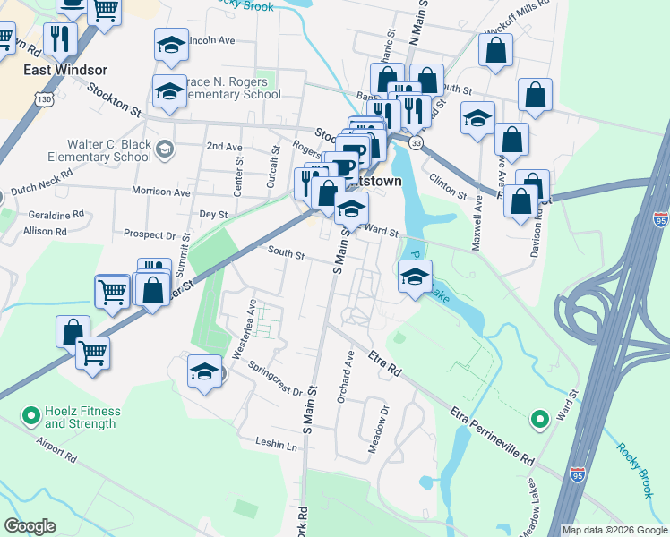 map of restaurants, bars, coffee shops, grocery stores, and more near 231 South Main Street in Hightstown