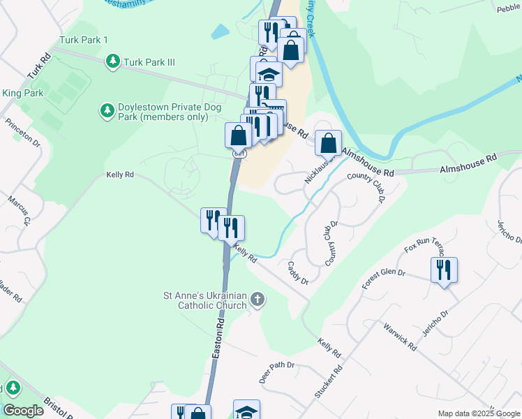 map of restaurants, bars, coffee shops, grocery stores, and more near 323 Bunker Hollow Road in Doylestown