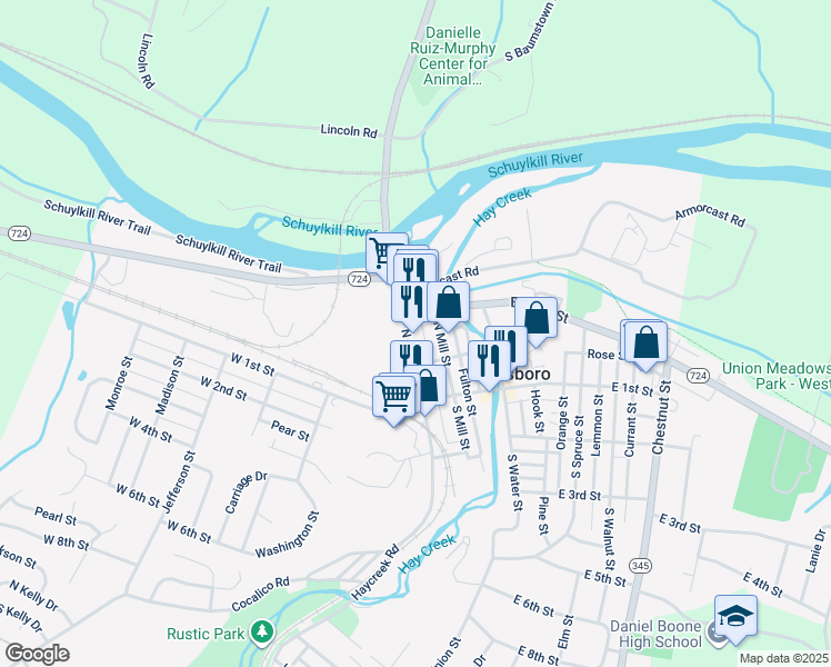 map of restaurants, bars, coffee shops, grocery stores, and more near 200-298 North Furnace Street in Birdsboro