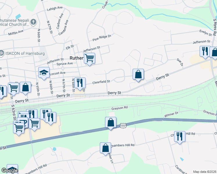 map of restaurants, bars, coffee shops, grocery stores, and more near 65 North 72nd Street in Harrisburg