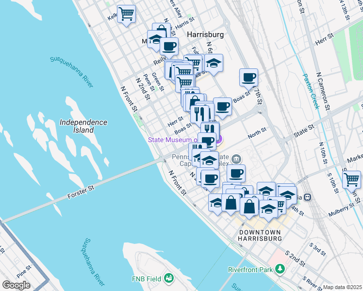 map of restaurants, bars, coffee shops, grocery stores, and more near 220 Forster Street in Harrisburg