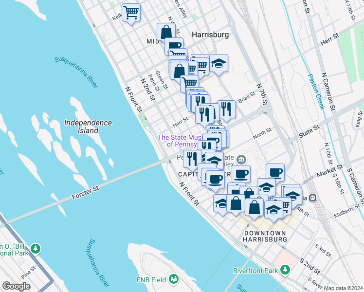 map of restaurants, bars, coffee shops, grocery stores, and more near 220 Forster Street in Harrisburg