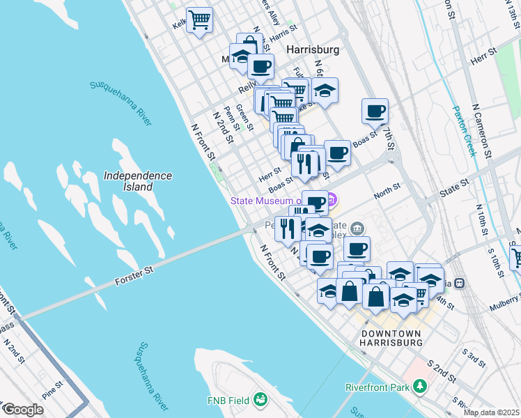 map of restaurants, bars, coffee shops, grocery stores, and more near 932 North 2nd Street in Harrisburg