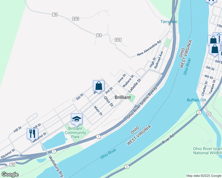 map of restaurants, bars, coffee shops, grocery stores, and more near 201 Isabelle Street in Brilliant