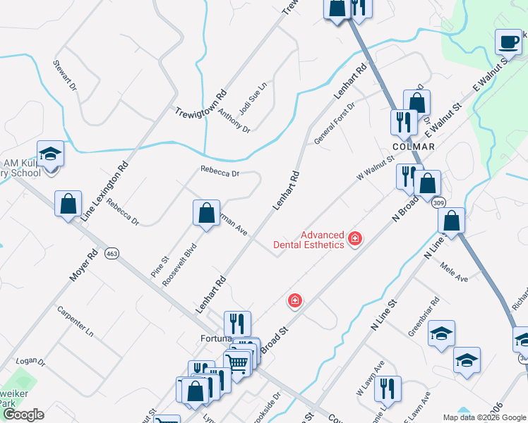 map of restaurants, bars, coffee shops, grocery stores, and more near 2244 Lenhart Road in Hatfield