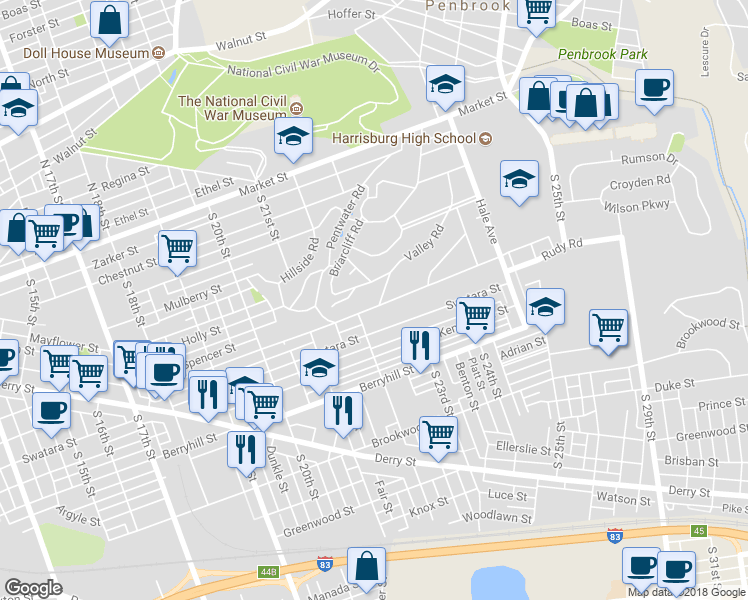 map of restaurants, bars, coffee shops, grocery stores, and more near 2300 Valley Road in Harrisburg