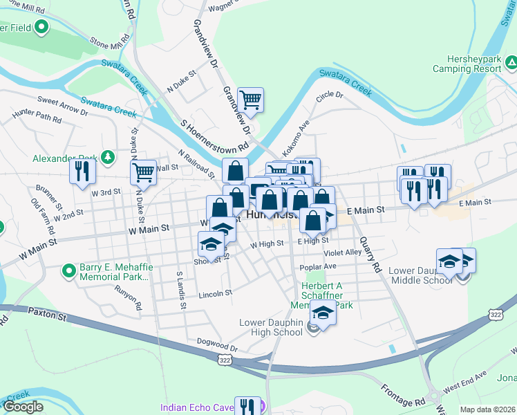 map of restaurants, bars, coffee shops, grocery stores, and more near 15 North Rosanna Street in Hummelstown