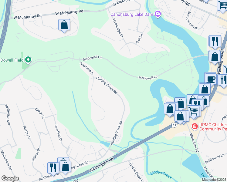 map of restaurants, bars, coffee shops, grocery stores, and more near 504 Hunting Creek Road in Canonsburg