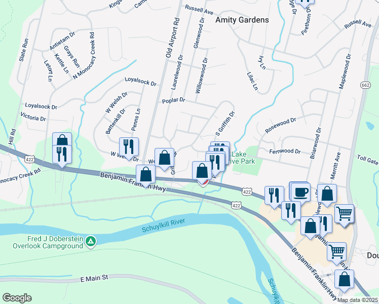 map of restaurants, bars, coffee shops, grocery stores, and more near 208 Griffith Drive in Douglassville