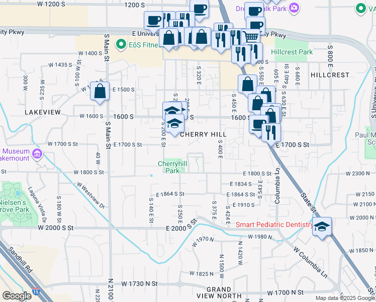 map of restaurants, bars, coffee shops, grocery stores, and more near 301 East 1730 South in Orem