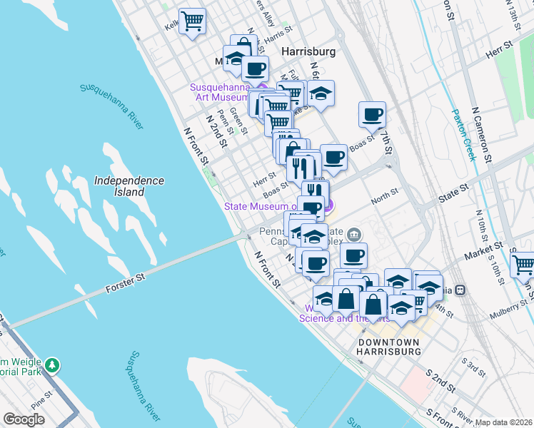 map of restaurants, bars, coffee shops, grocery stores, and more near 220 Forster Street in Harrisburg