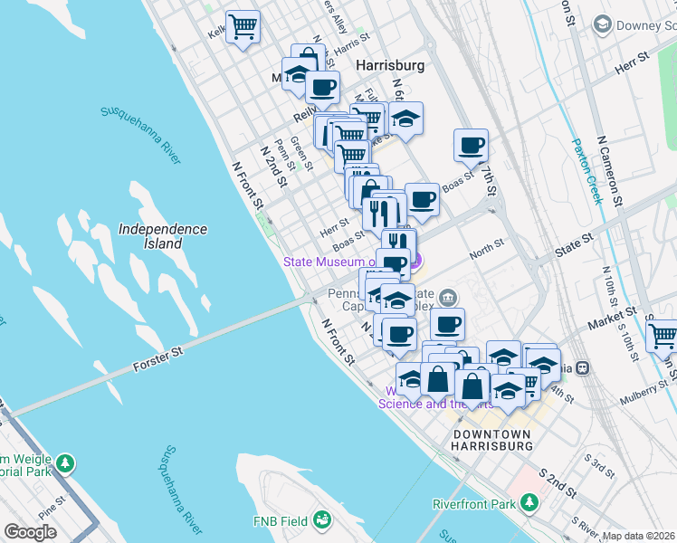 map of restaurants, bars, coffee shops, grocery stores, and more near 220 Forster Street in Harrisburg