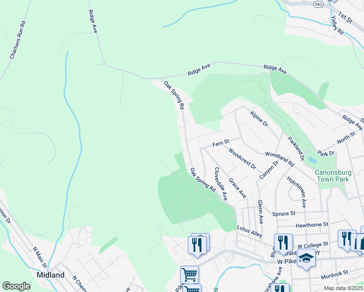 map of restaurants, bars, coffee shops, grocery stores, and more near 385 Oak Spring Road in Canonsburg