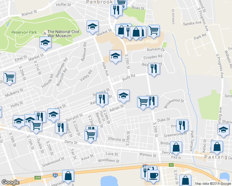 map of restaurants, bars, coffee shops, grocery stores, and more near 423 Hale Avenue in Harrisburg