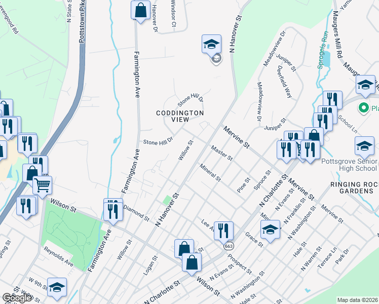 map of restaurants, bars, coffee shops, grocery stores, and more near 1037 Willow Street in Pottstown