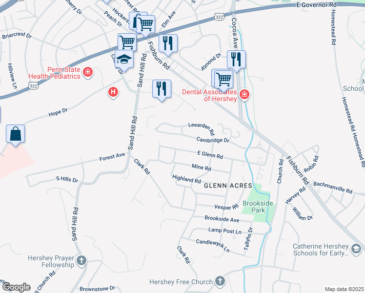 map of restaurants, bars, coffee shops, grocery stores, and more near 115 East Glenn Road in Hershey