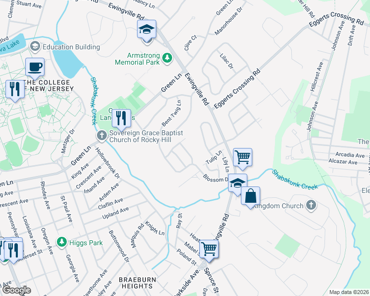 map of restaurants, bars, coffee shops, grocery stores, and more near 11 Springmeadow Drive in Ewing Township