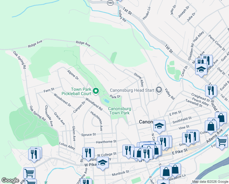 map of restaurants, bars, coffee shops, grocery stores, and more near 500 Park Drive in Canonsburg