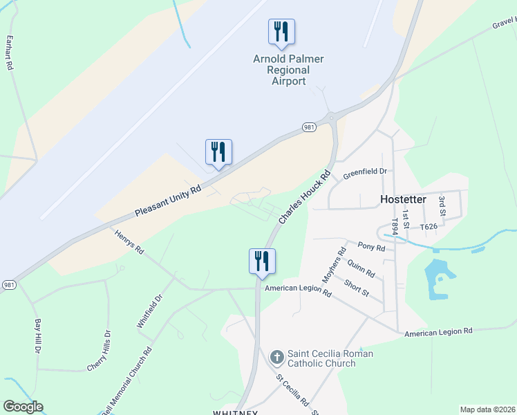 map of restaurants, bars, coffee shops, grocery stores, and more near Whitney Court in Latrobe