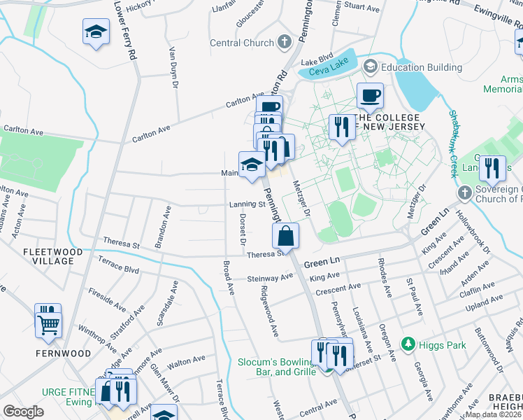 map of restaurants, bars, coffee shops, grocery stores, and more near 11 Lanning Street in Ewing Township