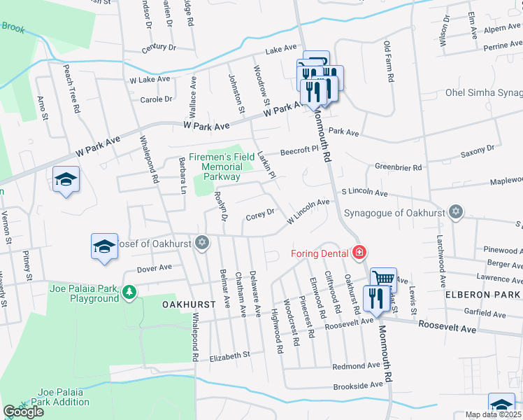 map of restaurants, bars, coffee shops, grocery stores, and more near 3 Corey Drive in Monmouth County