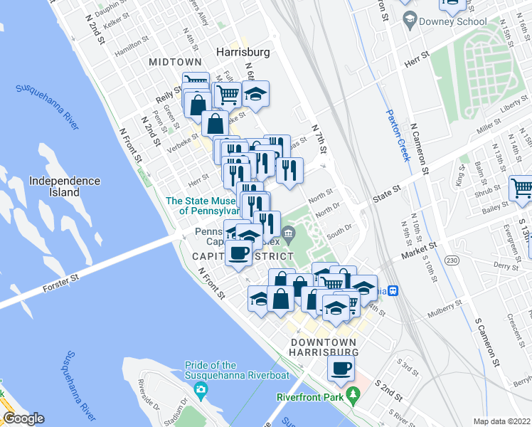 map of restaurants, bars, coffee shops, grocery stores, and more near 300 North Street in Harrisburg