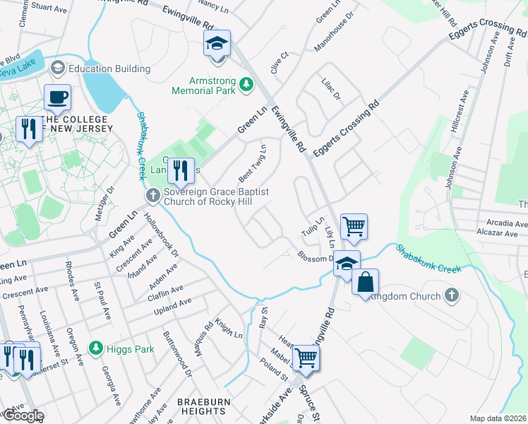 map of restaurants, bars, coffee shops, grocery stores, and more near 11 Springmeadow Drive in Ewing Township