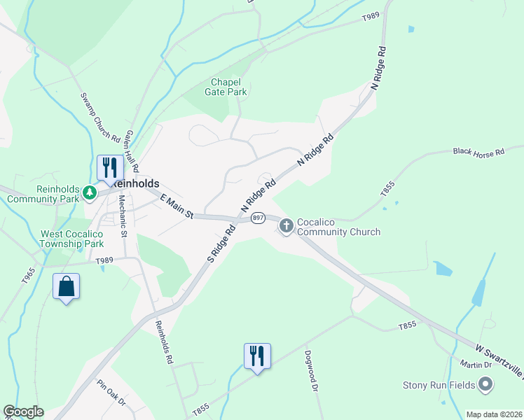 map of restaurants, bars, coffee shops, grocery stores, and more near 60 North Ridge Road in Reinholds