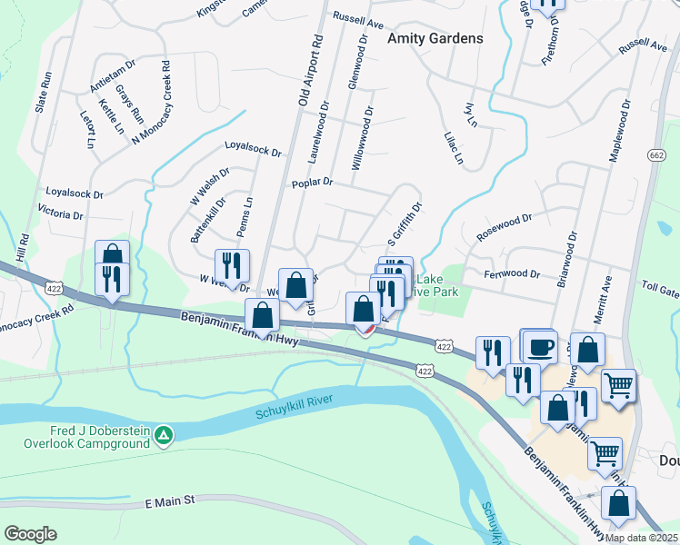 map of restaurants, bars, coffee shops, grocery stores, and more near 208 Griffith Drive in Douglassville