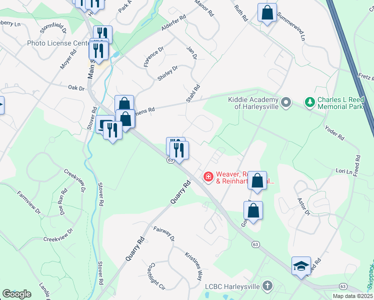 map of restaurants, bars, coffee shops, grocery stores, and more near 25B-42 Buckingham Circle in Harleysville