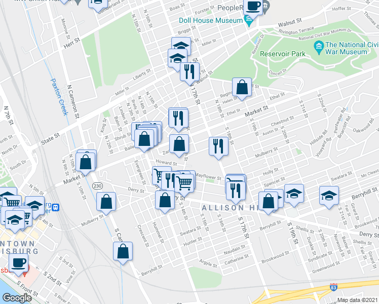 map of restaurants, bars, coffee shops, grocery stores, and more near 24 South 16th Street in Harrisburg