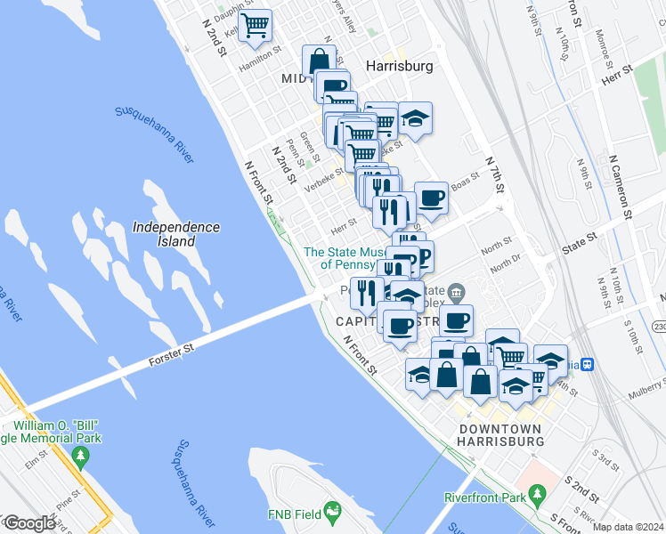 map of restaurants, bars, coffee shops, grocery stores, and more near 932 North 2nd Street in Harrisburg
