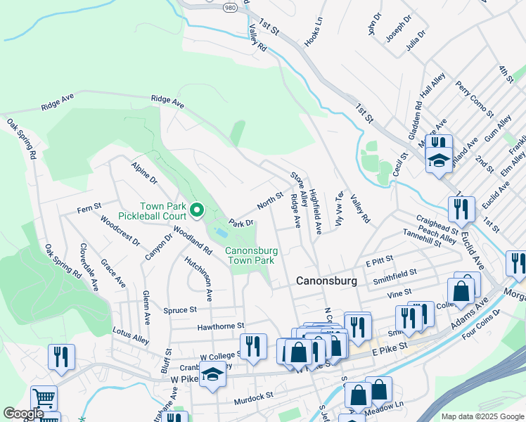map of restaurants, bars, coffee shops, grocery stores, and more near 106 North Street in Canonsburg