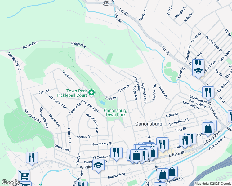 map of restaurants, bars, coffee shops, grocery stores, and more near 106 North Street in Canonsburg