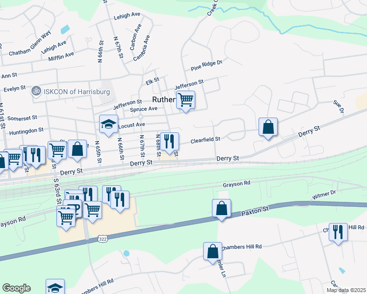 map of restaurants, bars, coffee shops, grocery stores, and more near 6945 Clearfield Street in Harrisburg
