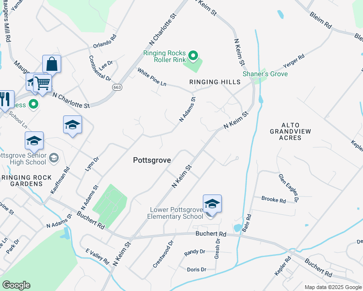 map of restaurants, bars, coffee shops, grocery stores, and more near 1605 North Valley Road in Pottstown