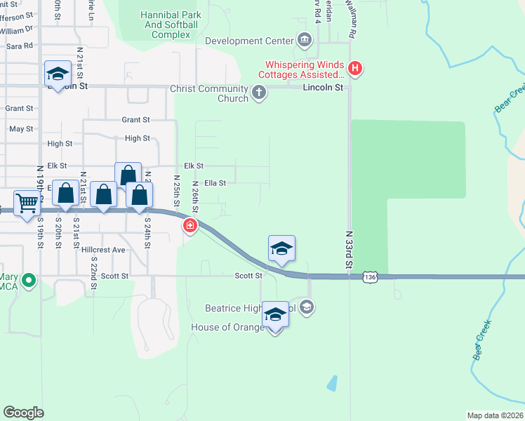 map of restaurants, bars, coffee shops, grocery stores, and more near 106 North 28th Street in Beatrice