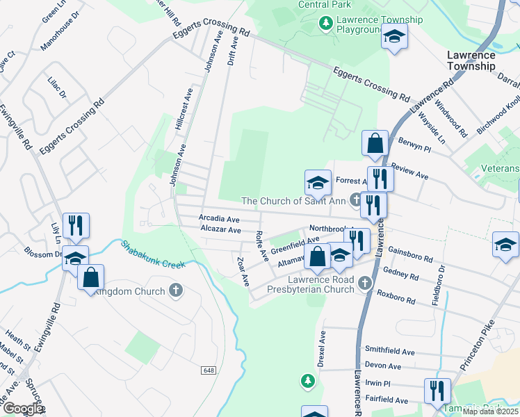 map of restaurants, bars, coffee shops, grocery stores, and more near 166 Eldridge Avenue in Lawrence Township