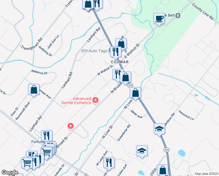 map of restaurants, bars, coffee shops, grocery stores, and more near 2546 North Broad Street in Montgomery County