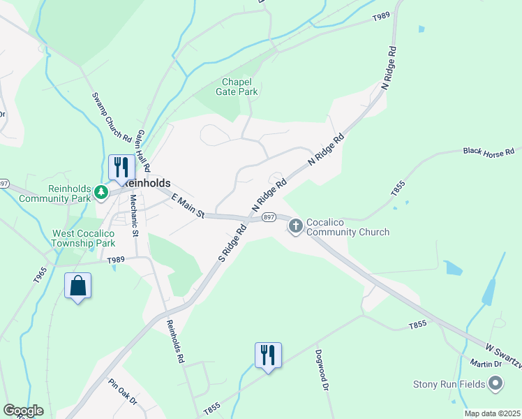 map of restaurants, bars, coffee shops, grocery stores, and more near 20 North Ridge Road in Reinholds