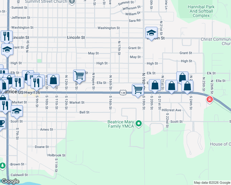 map of restaurants, bars, coffee shops, grocery stores, and more near Court Street in Beatrice