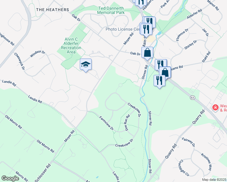 map of restaurants, bars, coffee shops, grocery stores, and more near 470 Creekview Drive in Harleysville