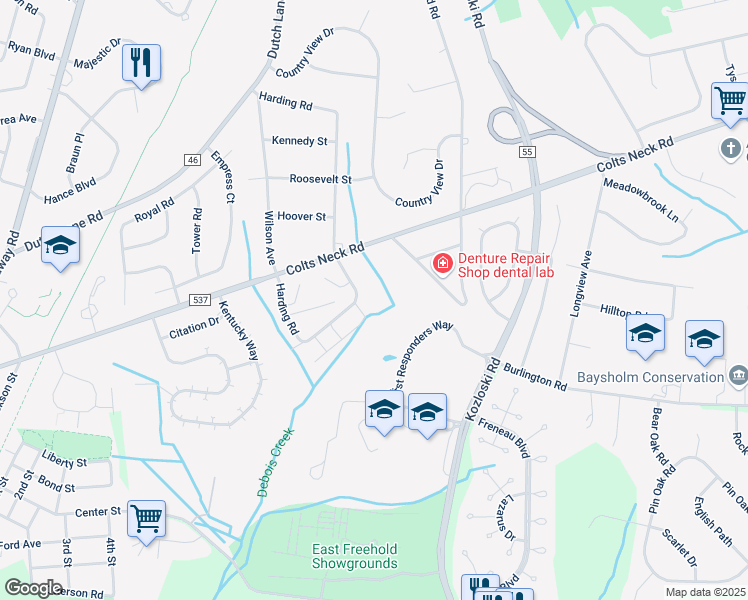 map of restaurants, bars, coffee shops, grocery stores, and more near 504 Harding Road in Freehold