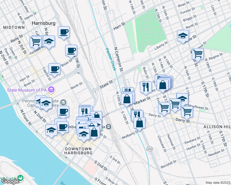 map of restaurants, bars, coffee shops, grocery stores, and more near 100 North 10th Street in Harrisburg