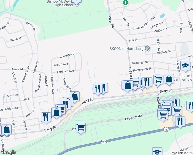 map of restaurants, bars, coffee shops, grocery stores, and more near 203 Chartwood Drive in Harrisburg