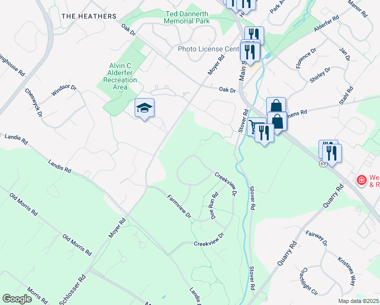 map of restaurants, bars, coffee shops, grocery stores, and more near 470 Creekview Drive in Harleysville