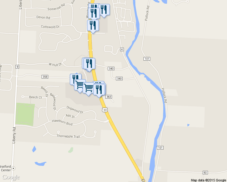 map of restaurants, bars, coffee shops, grocery stores, and more near 45 Stratford Dr in Delaware