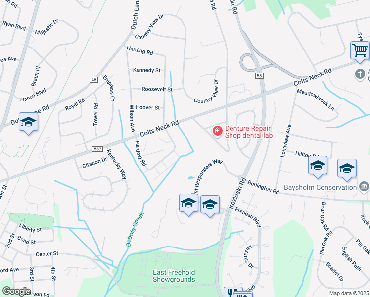 map of restaurants, bars, coffee shops, grocery stores, and more near 504 Harding Road in Freehold