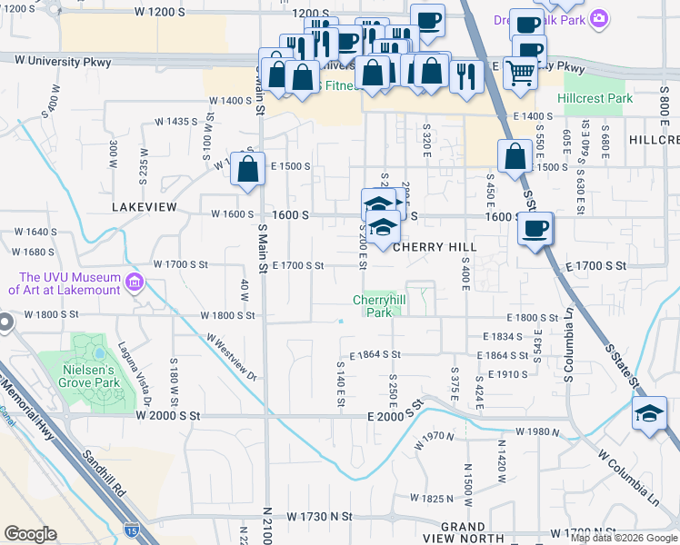 map of restaurants, bars, coffee shops, grocery stores, and more near 1713 South 145 East in Orem
