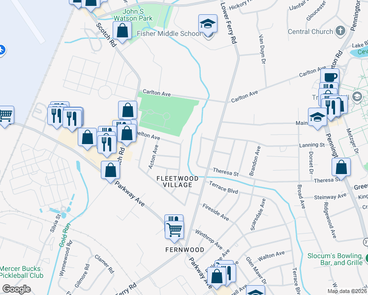 map of restaurants, bars, coffee shops, grocery stores, and more near 28 Chelmsford Court in Ewing Township